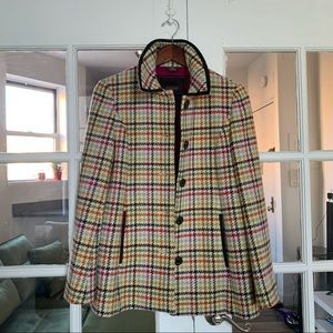 Coach Wool Multicolor Tattersall Pea Coat with Leather Trim size S
